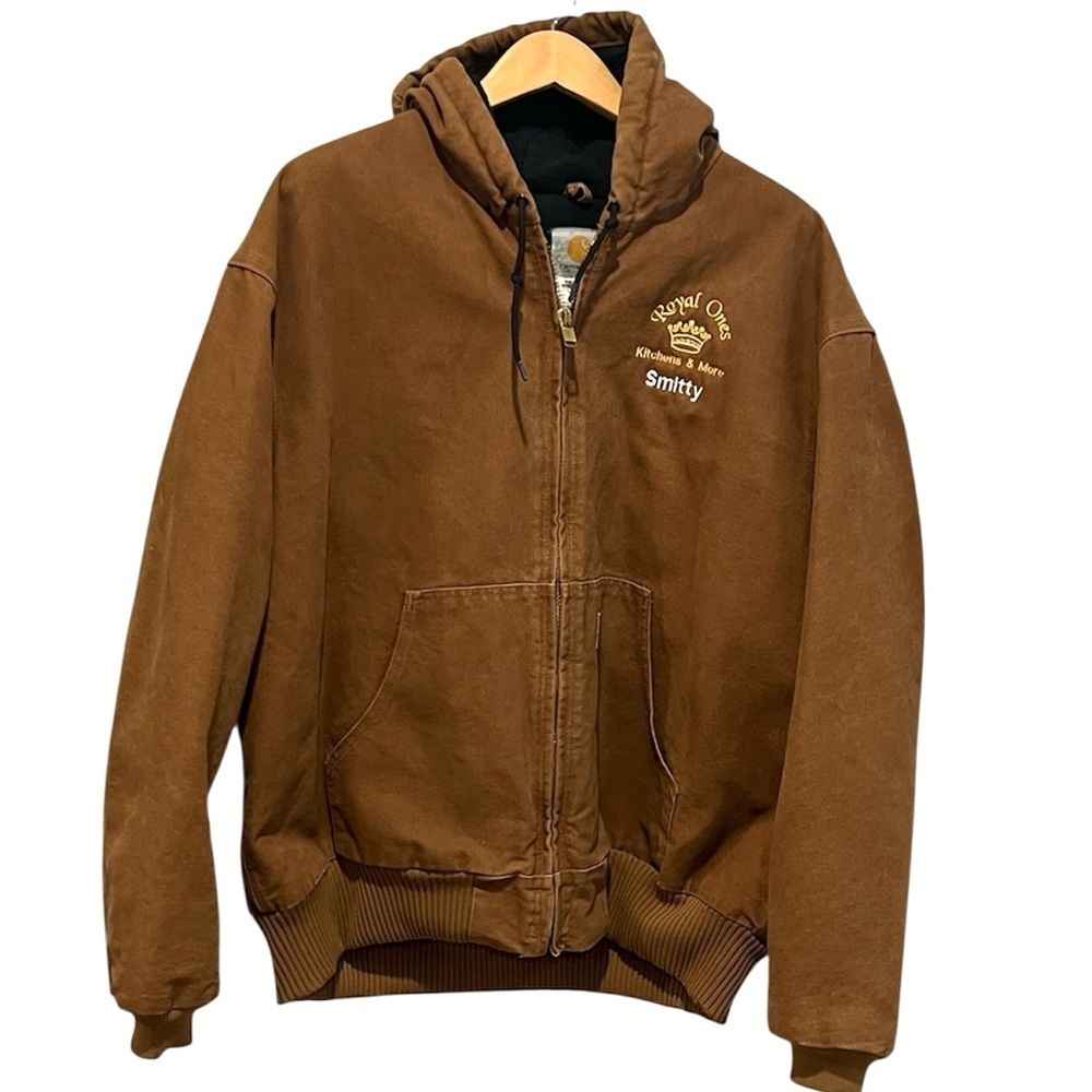 Carhartt men’s brown hooded insulated zip up jacket with company logo 2Xl